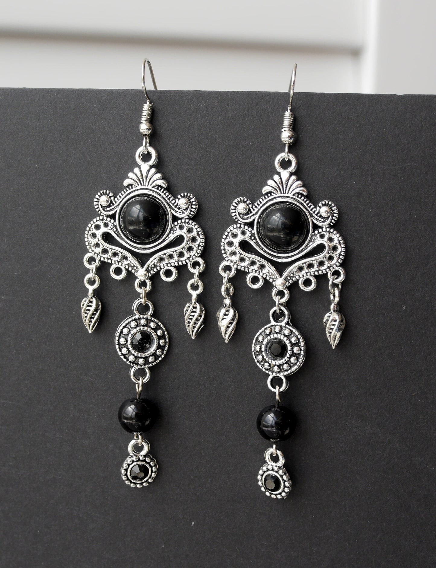 Silver and Black Long Filigree Statement Earrings (Ear Hook, Stud or Clip On)