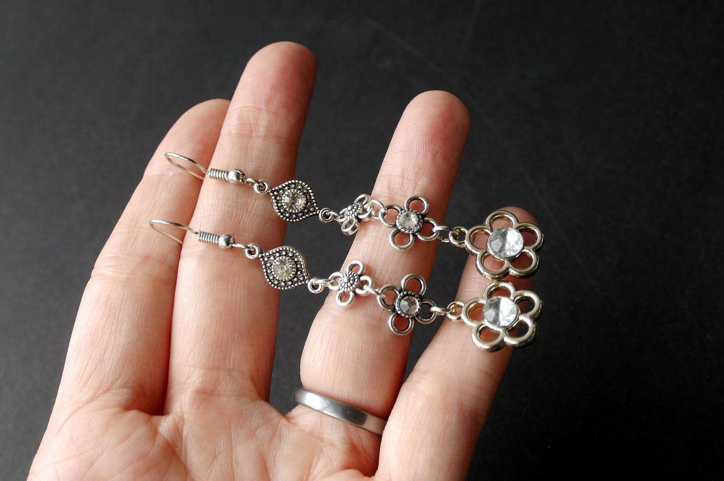Daisy Flower Shaped Hanging Earrings (Ear Hook, Stud or Clip On)