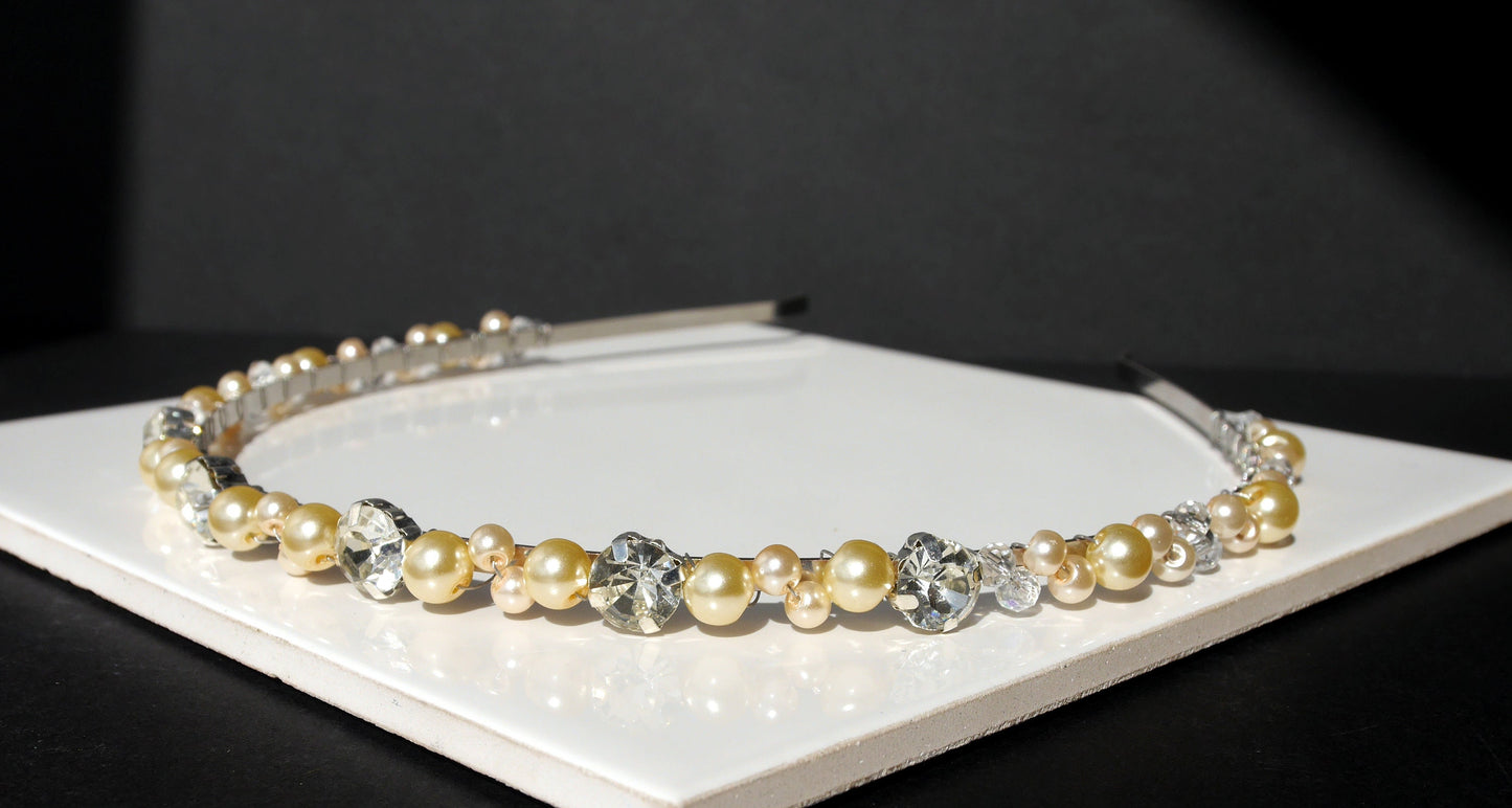 Pale Yellow Pearl and Diamante Tiara Hair Accessory