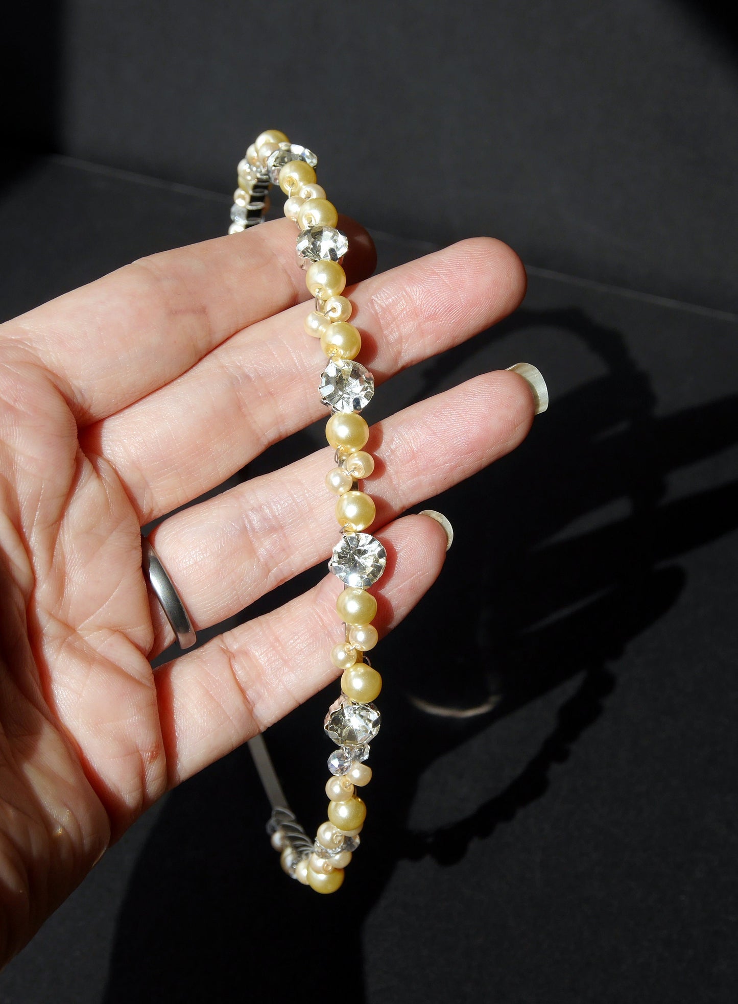Pale Yellow Pearl and Diamante Tiara Hair Accessory