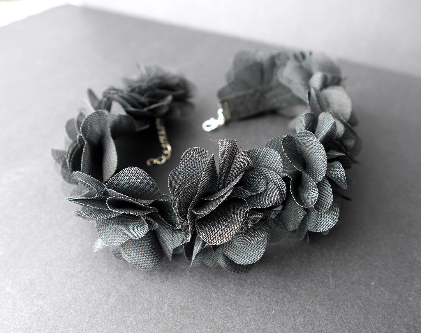 Black Flower Style Ruffle Choker Necklace (Non Elasticated)
