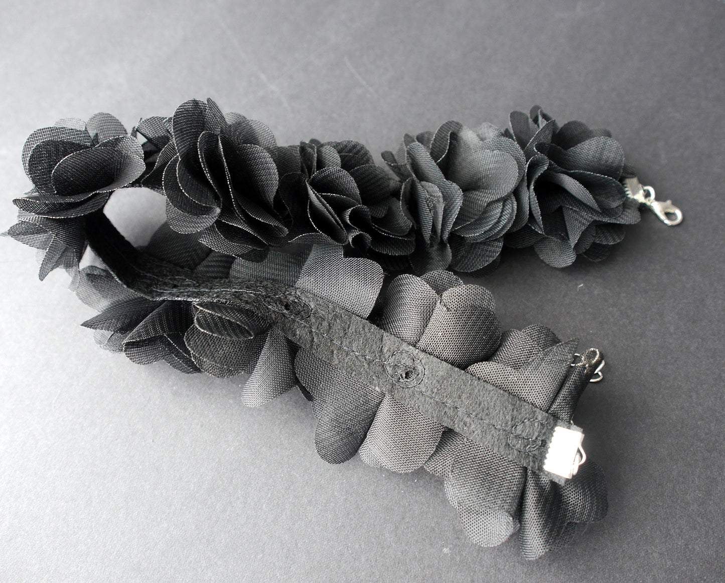 Black Flower Style Ruffle Choker Necklace (Non Elasticated)