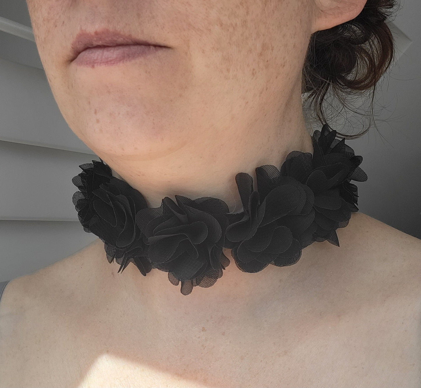 Black Flower Style Ruffle Choker Necklace (Non Elasticated)