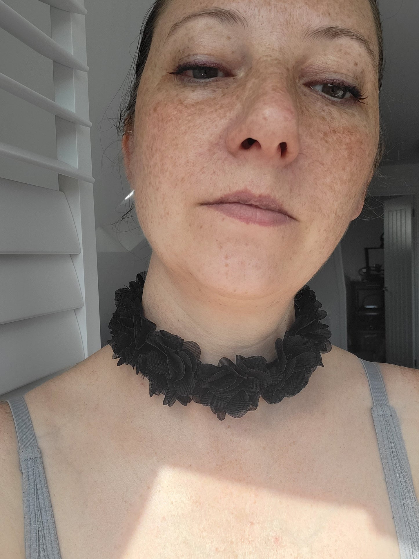 Black Flower Style Ruffle Choker Necklace (Non Elasticated)