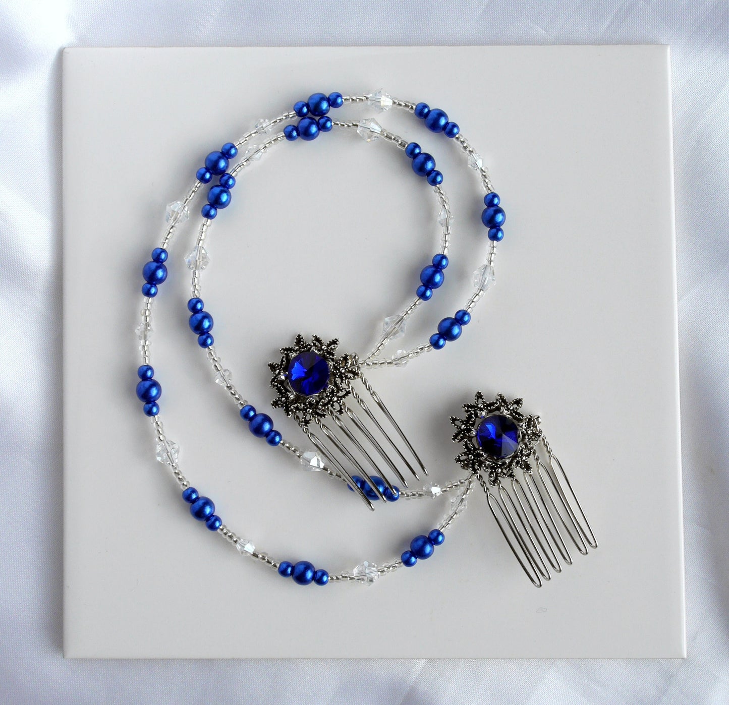 Blue Pearl and Rhinestone Prom Wedding Hair Chain Accessory