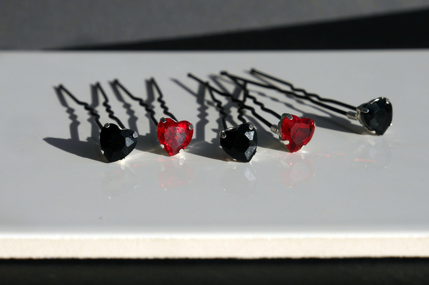 Mini Red and Black Heart Shaped Hair Pins (Set of 5)