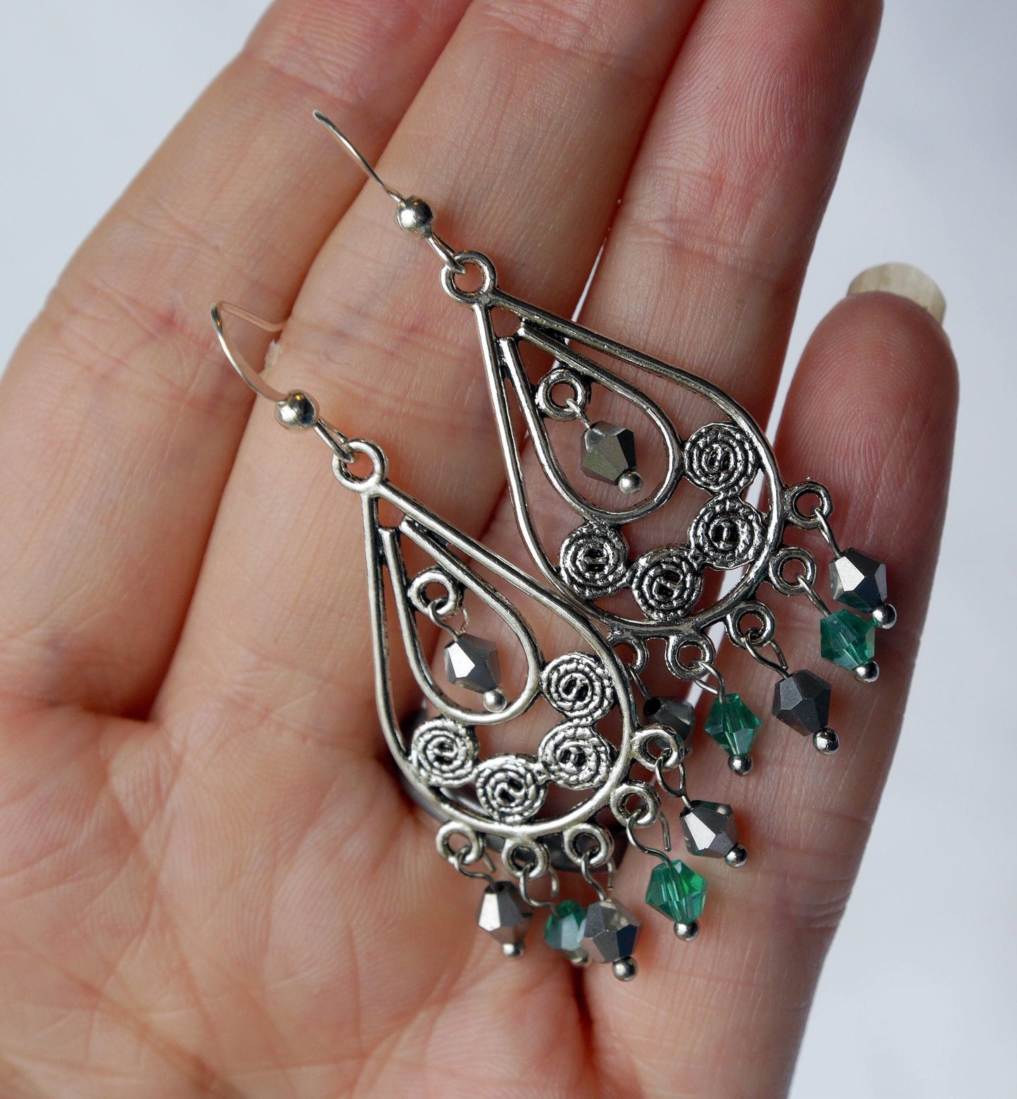Silver and Green Chandelier Dangle Filigree Earrings (Ear Hook, Stud and Clip On)