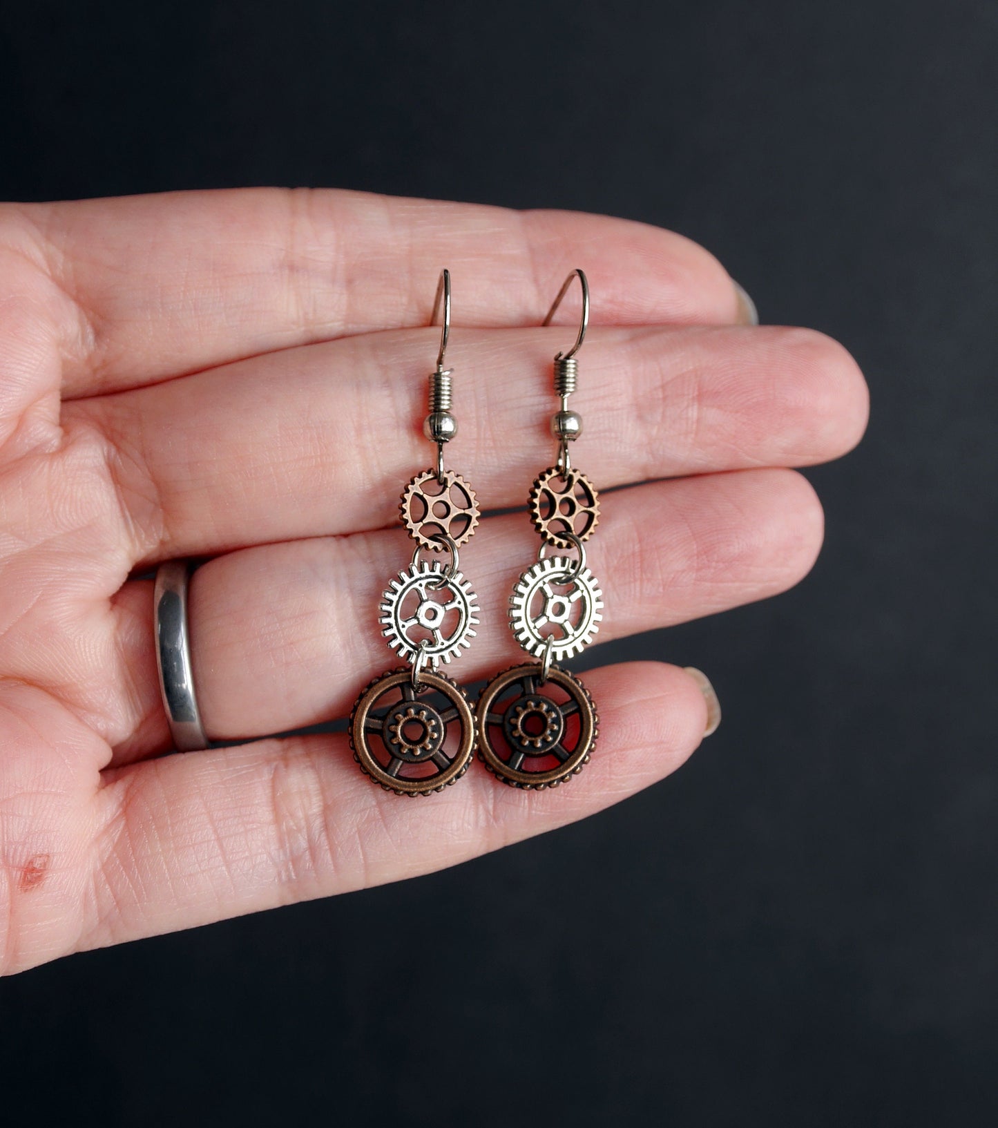 Ladies Cog Industrial Steampunk Style Earrings (Ear Hook, Stud or Clip On)