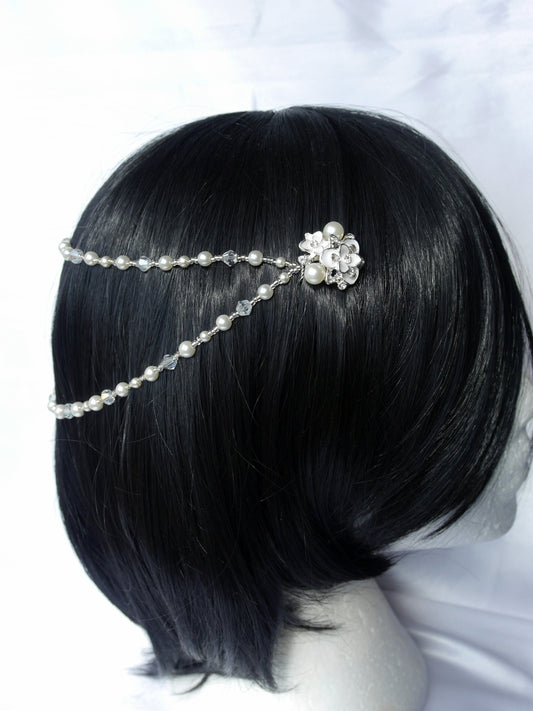 Floral Bridal Hair Piece, Brides Pearl Hair Chain, Silver and Pearl Floral Hair Chain, Pearl Hair Drape, Pearl Wedding Prom Hair Piece