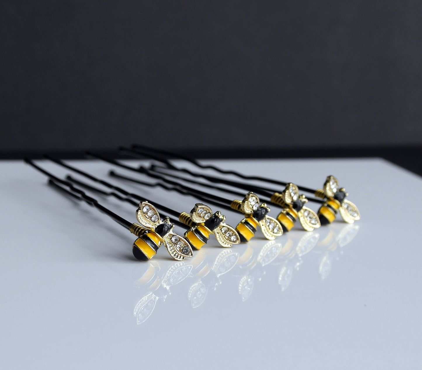 Mini Diamante Rhinestone Honey Bee Shaped Hair Pins (Set of 5)