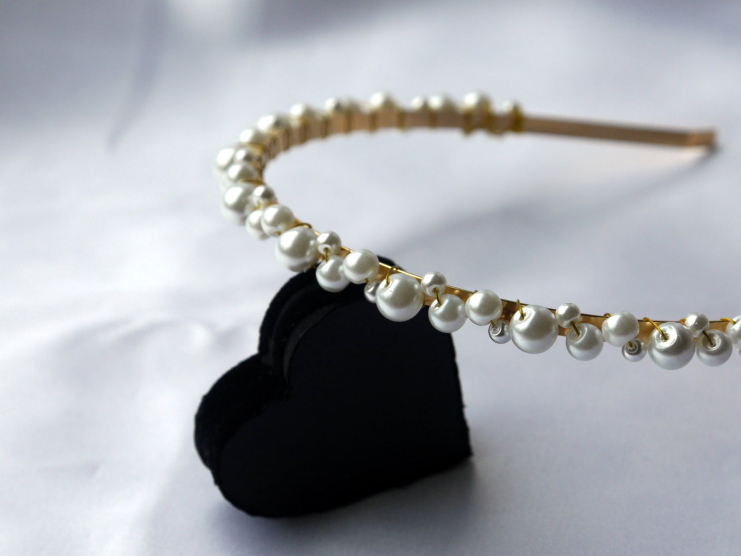 Thin Gold Tone and White Pearl Wedding Tiara Hair Band