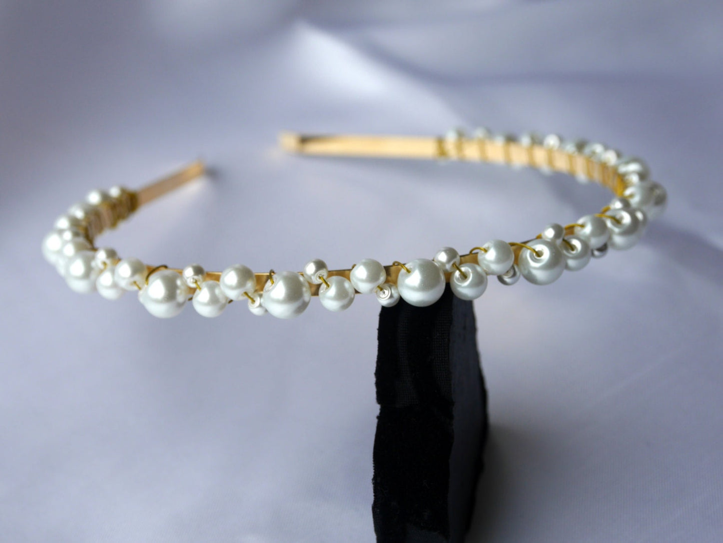 Thin Gold Tone and White Pearl Wedding Tiara Hair Band
