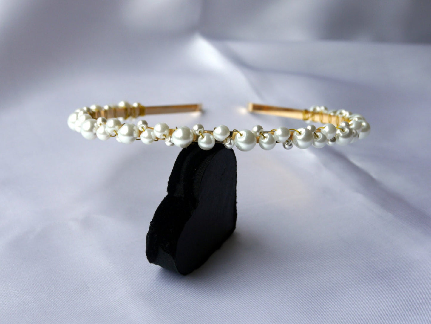 Thin Gold Tone and White Pearl Wedding Tiara Hair Band
