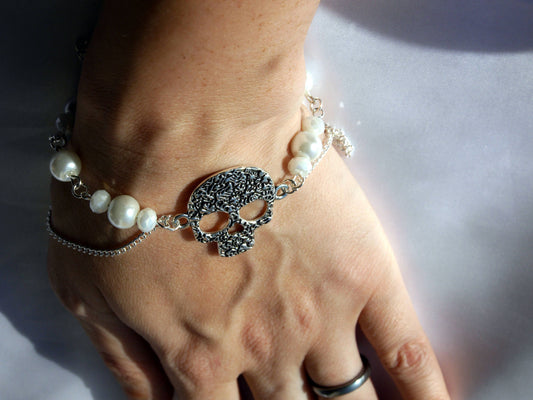 Gothic Silver Tone Floral Skull White Bracelet