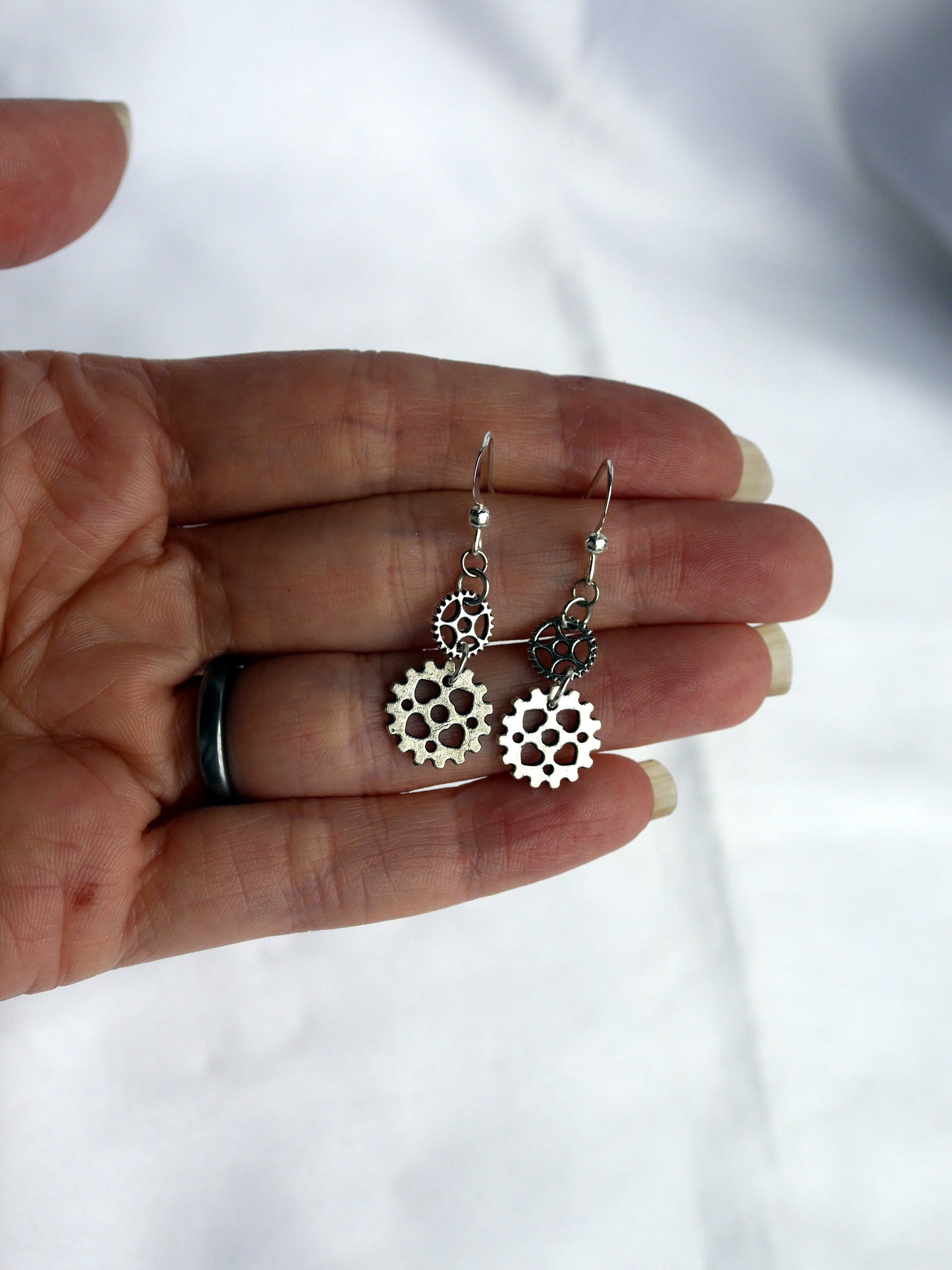 Silver Tone Cog Gear Industrial Steampunk Style Earrings (Ear Hook, Stud and Clip On)