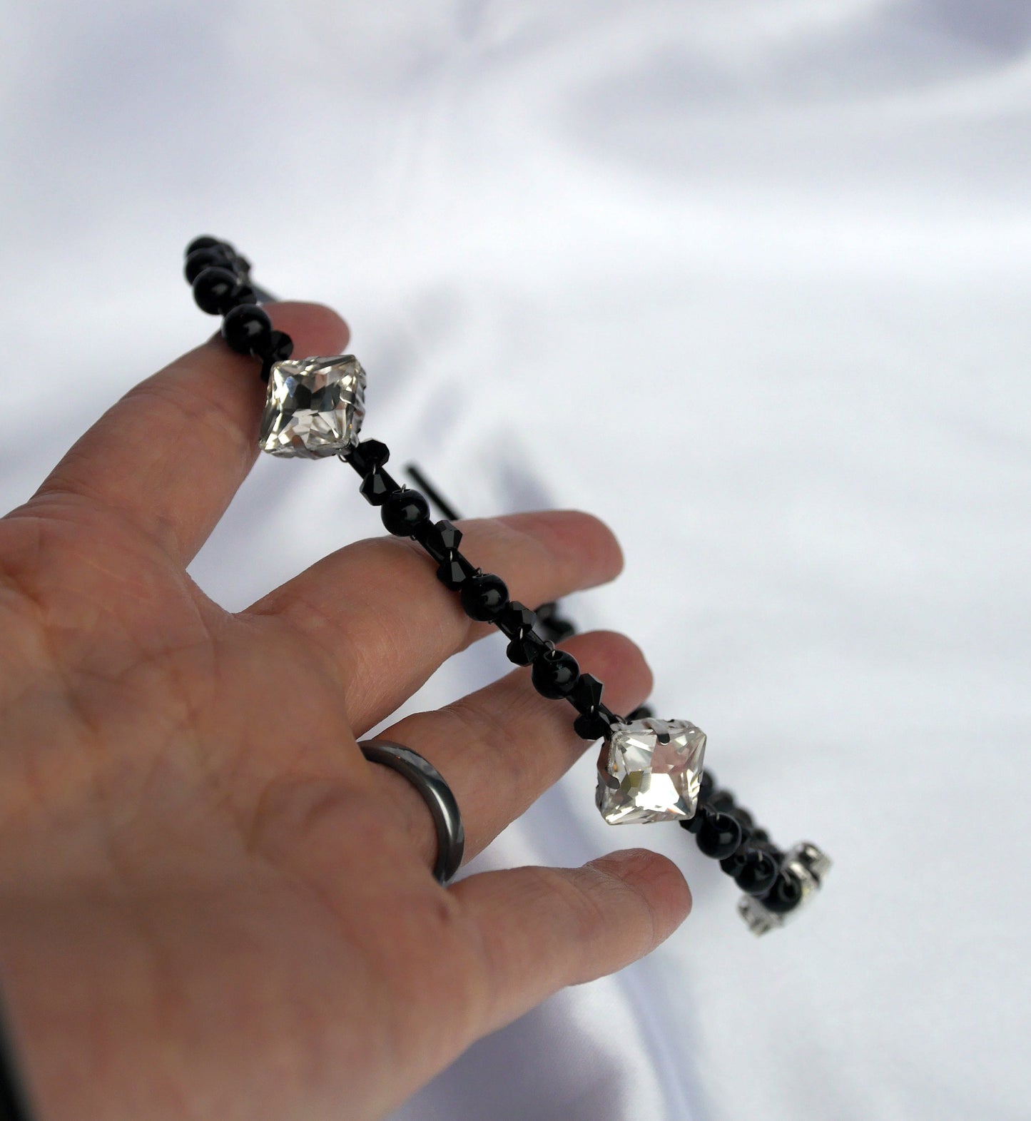 Gothic Black Hair Crown, Black Bridal Tiara Style Crown, Square Diamante Black Tiara Head Band, Black Bridal Hair Piece, Black Wedding Hair