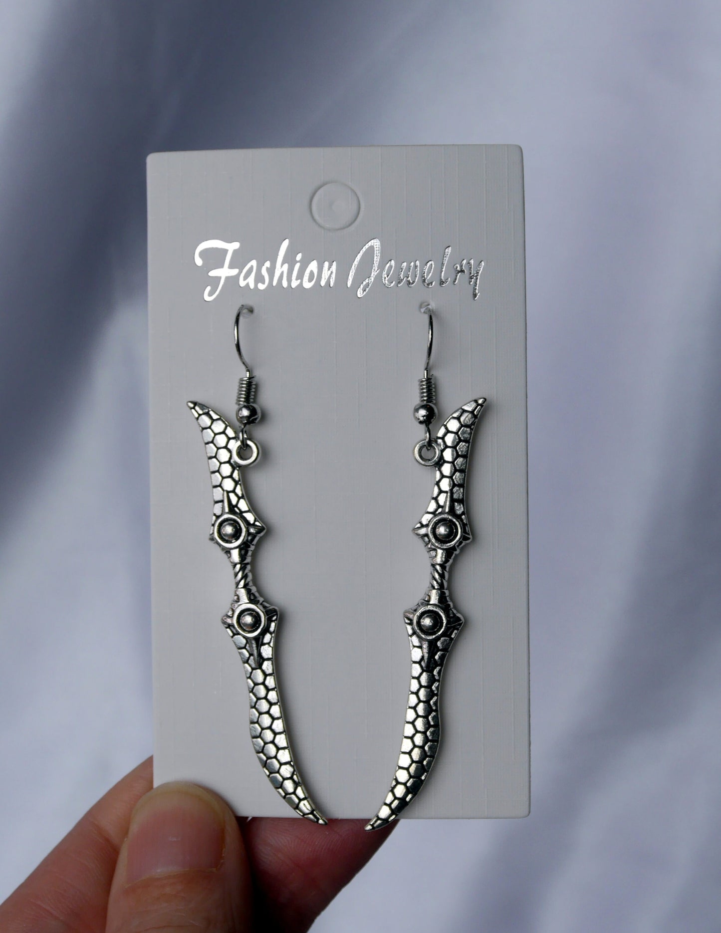 Silver Tone Warglaive Weapon Shaped Earrings (Ear Hook, Stud and Clip On)