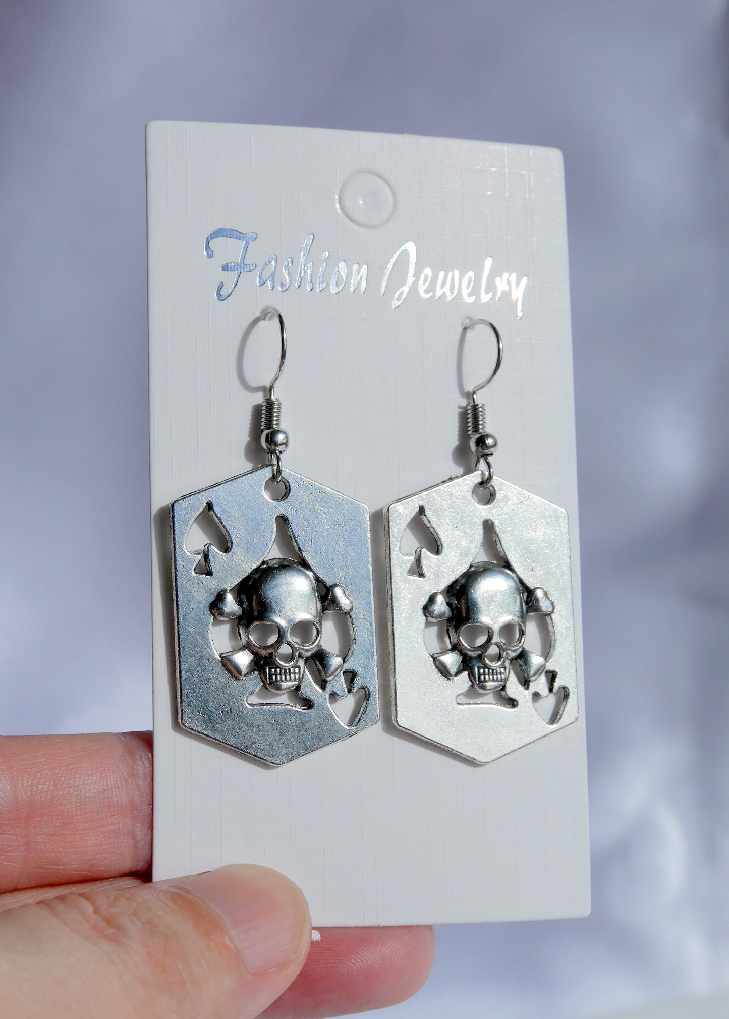 Skull Playing Card Shaped Silver Tone Earrings (Ear Hook, Stud and Clip On)