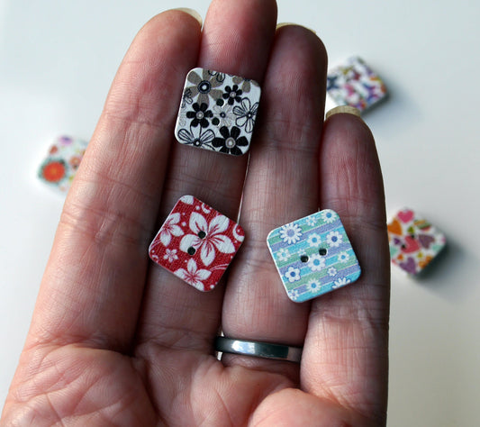 Floral Print Square Shaped Wooden Mini Magnets - (Set of 5 Magnets)
