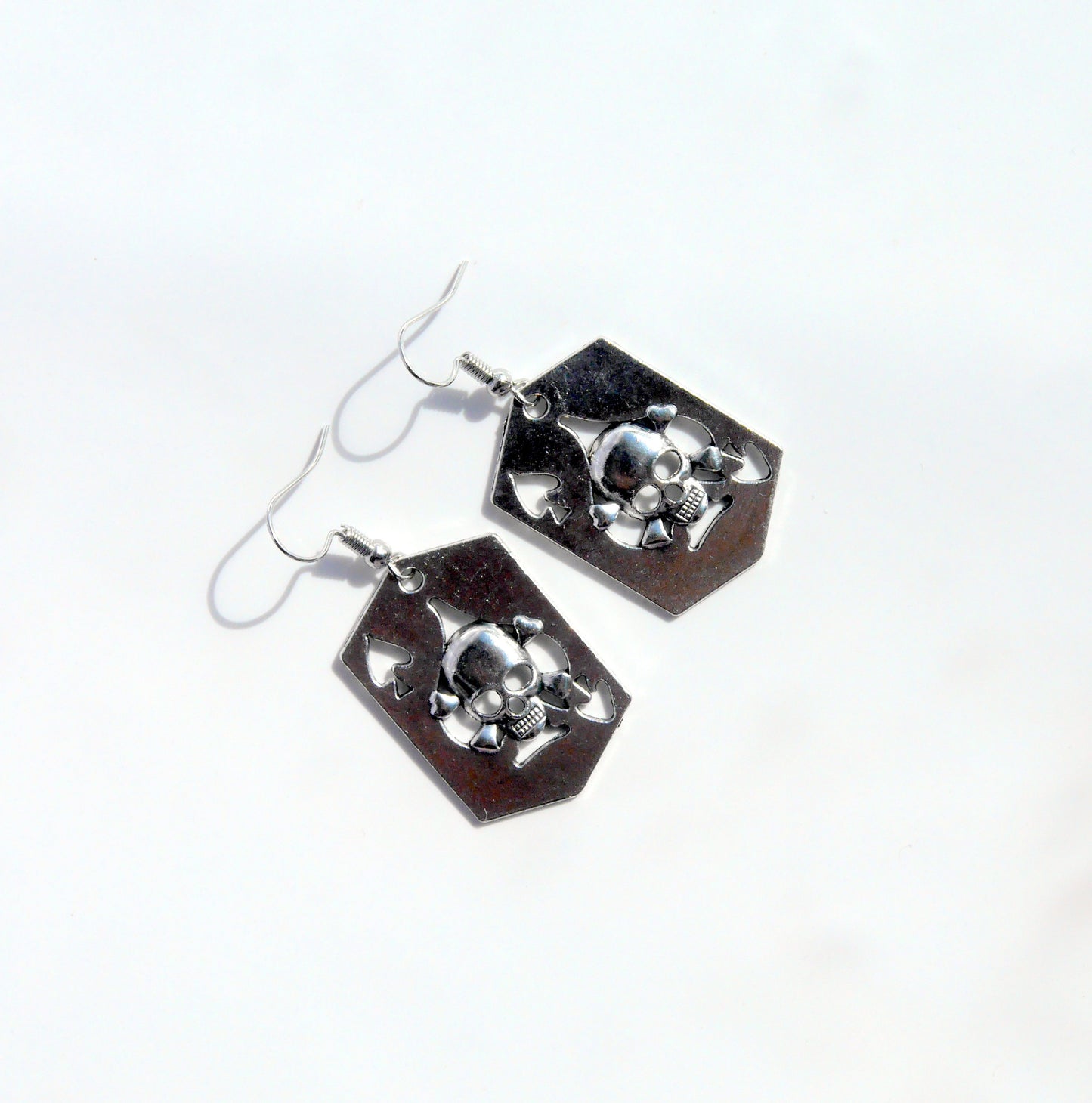 Skull Playing Card Shaped Silver Tone Earrings (Ear Hook, Stud and Clip On)
