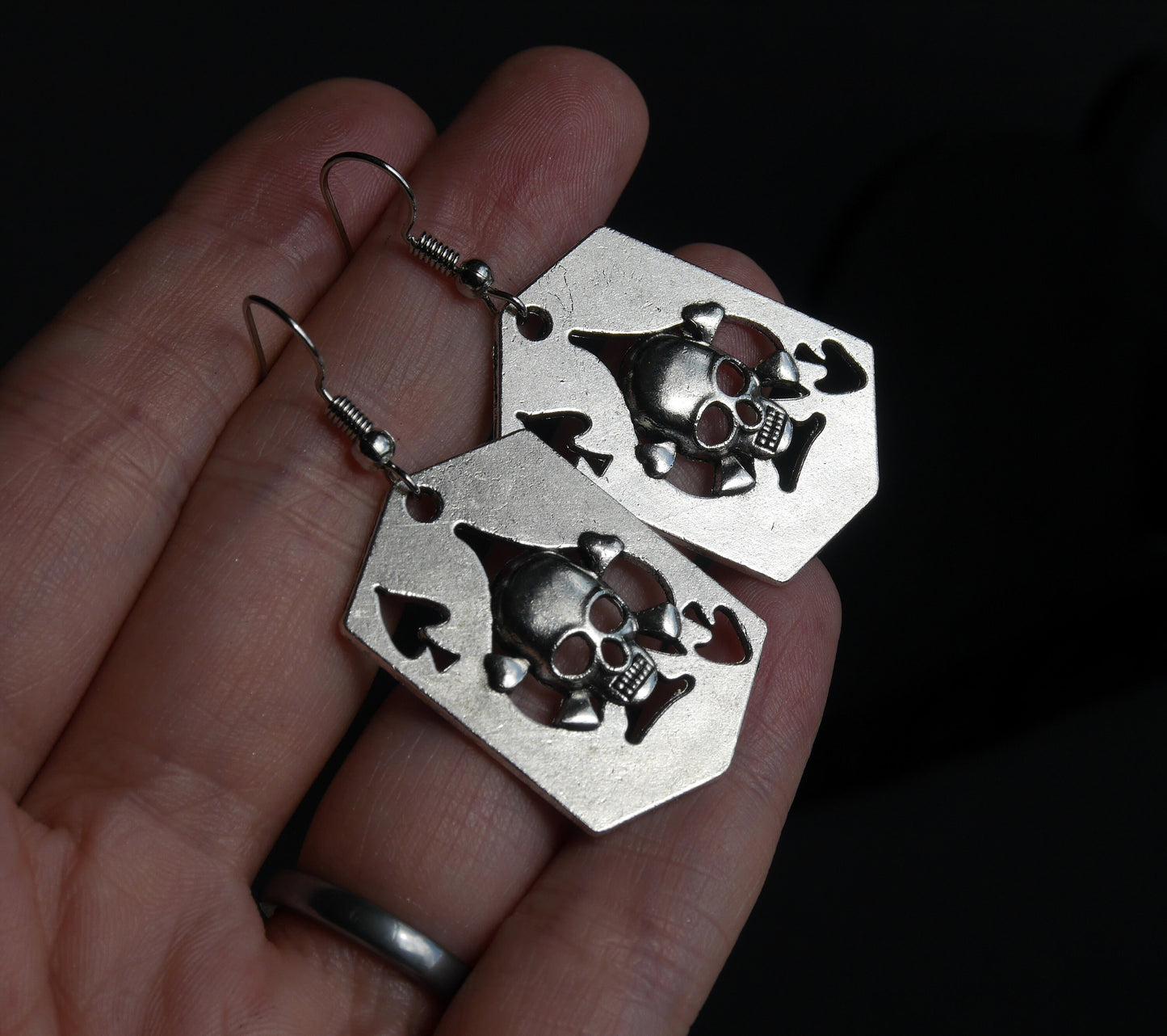 Skull Playing Card Shaped Silver Tone Earrings (Ear Hook, Stud and Clip On)