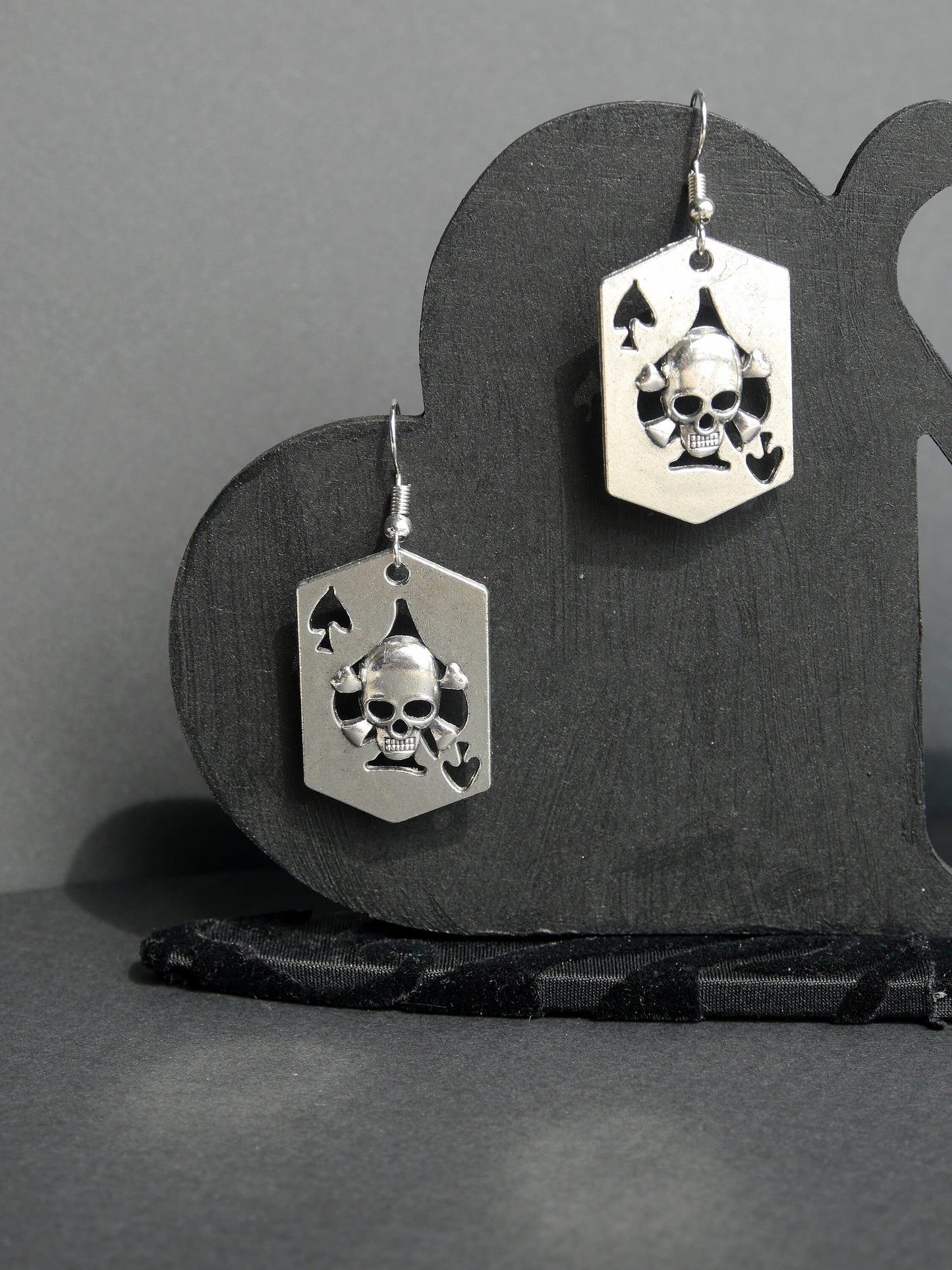 Skull Playing Card Shaped Silver Tone Earrings (Ear Hook, Stud and Clip On)