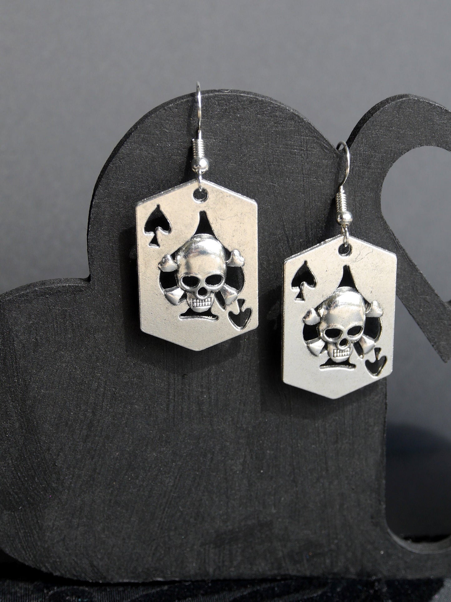 Skull Playing Card Shaped Silver Tone Earrings (Ear Hook, Stud and Clip On)