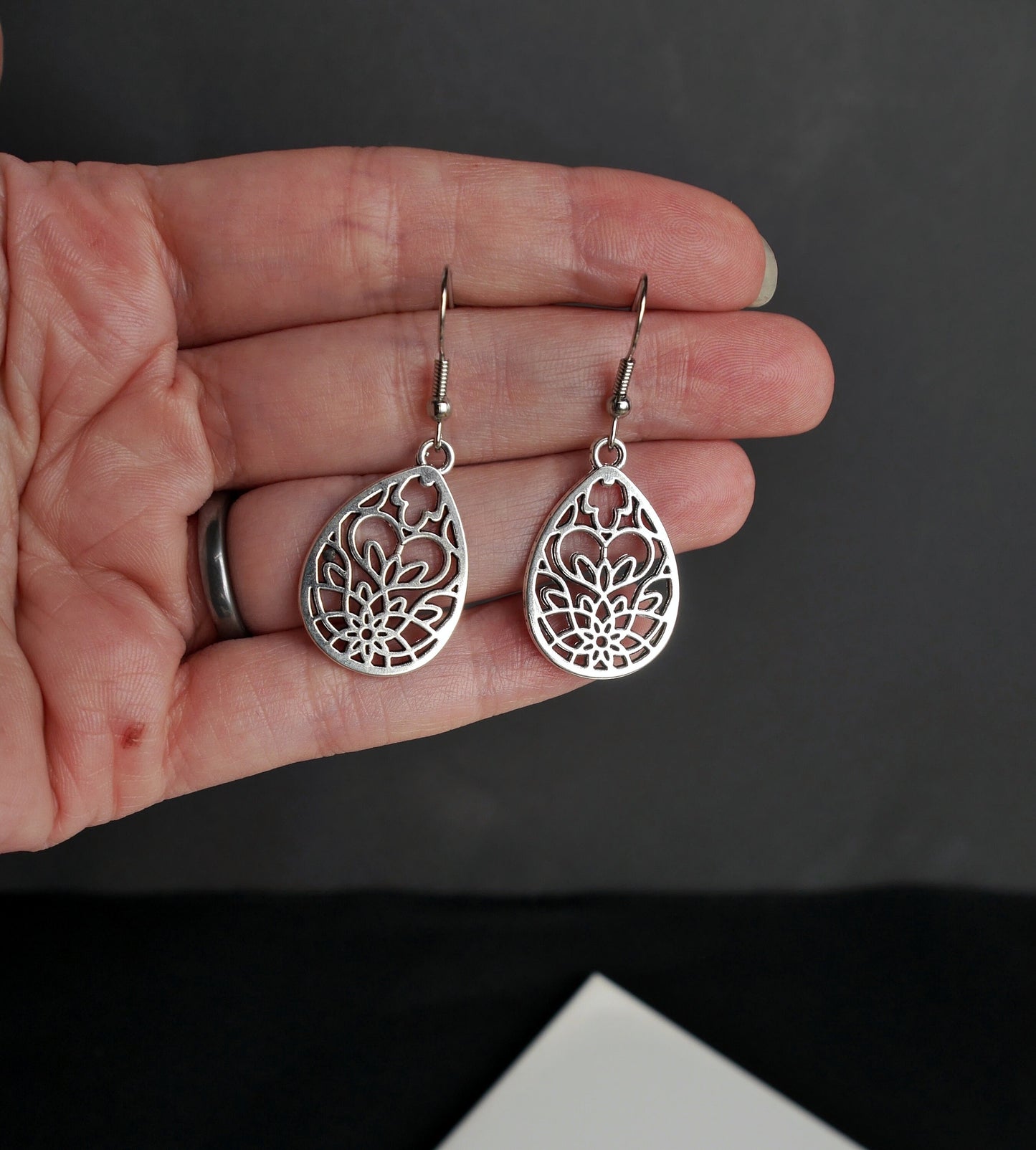 Silver Toned Teardrop Shaped Filigree Earrings (Ear Hook, Stud and Clip On)