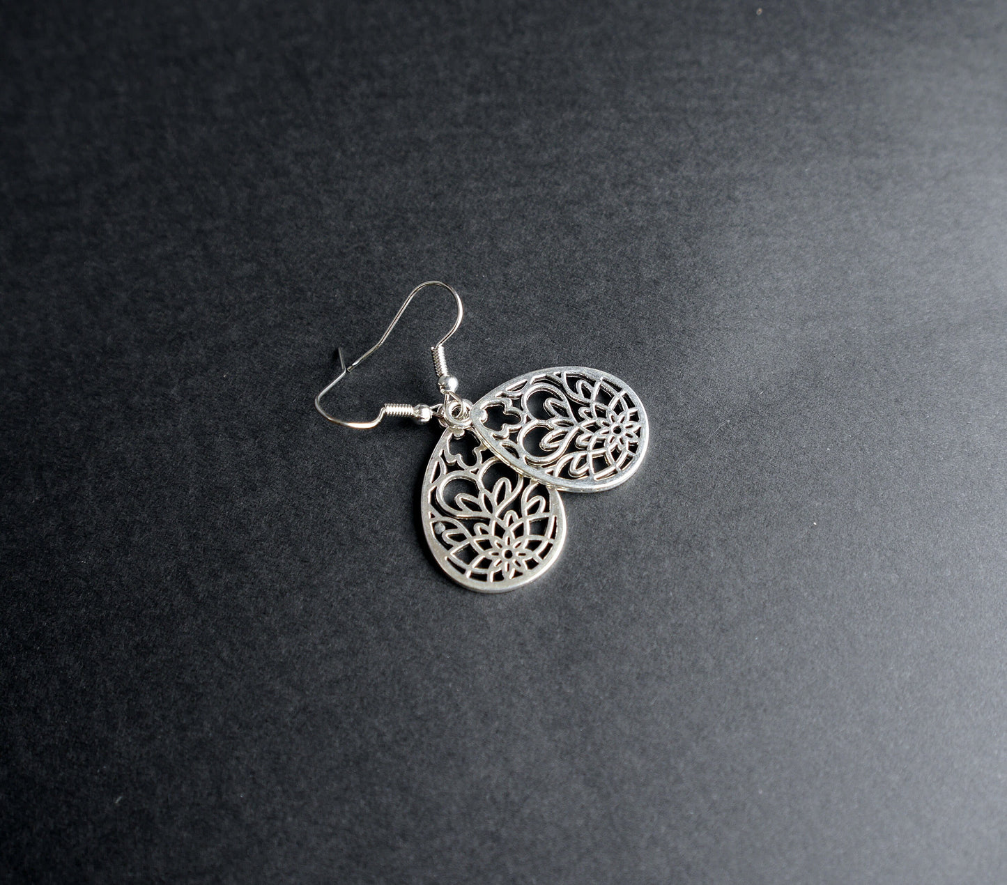 Silver Toned Teardrop Shaped Filigree Earrings (Ear Hook, Stud and Clip On)