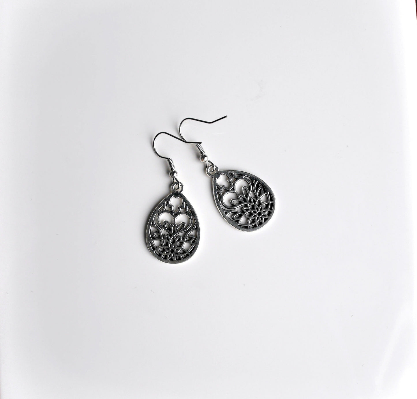 Silver Toned Teardrop Shaped Filigree Earrings (Ear Hook, Stud and Clip On)