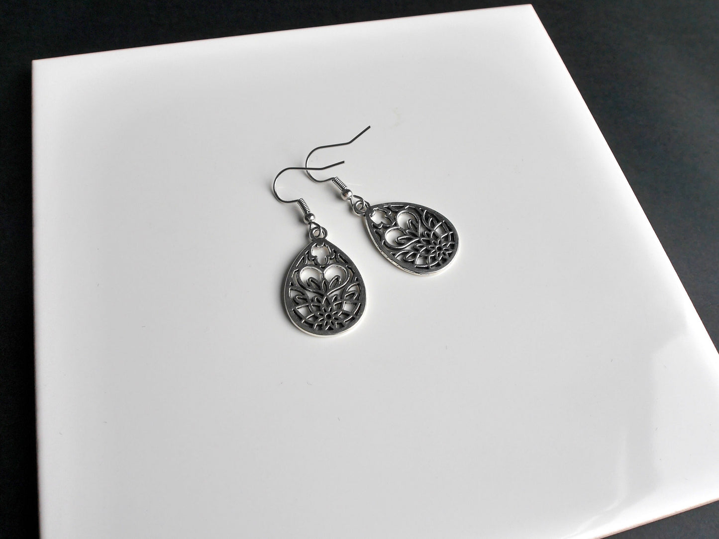 Silver Toned Teardrop Shaped Filigree Earrings (Ear Hook, Stud and Clip On)