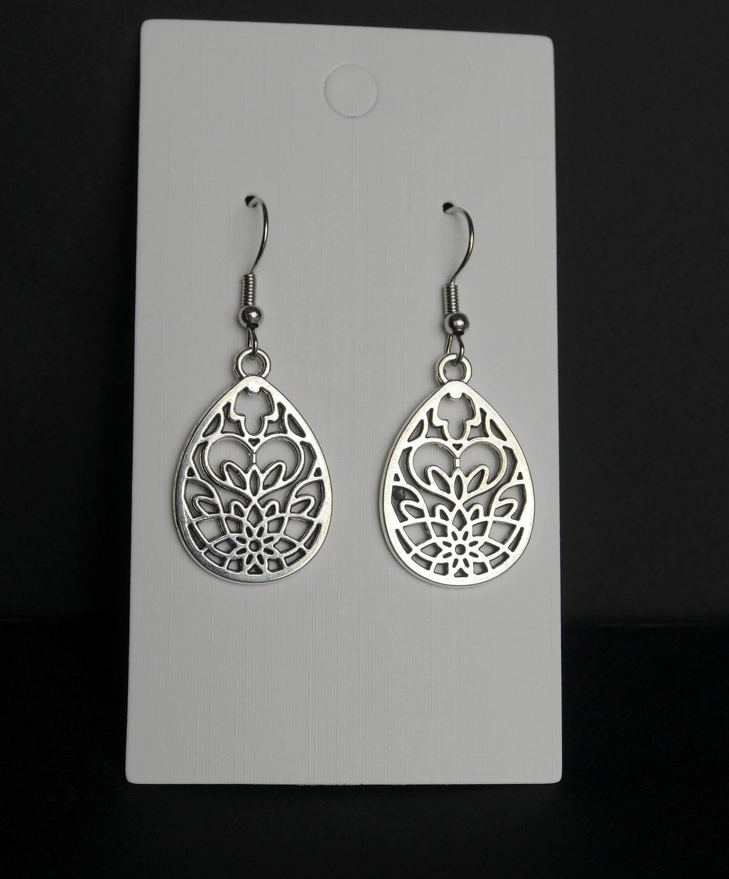 Silver Toned Teardrop Shaped Filigree Earrings (Ear Hook, Stud and Clip On)