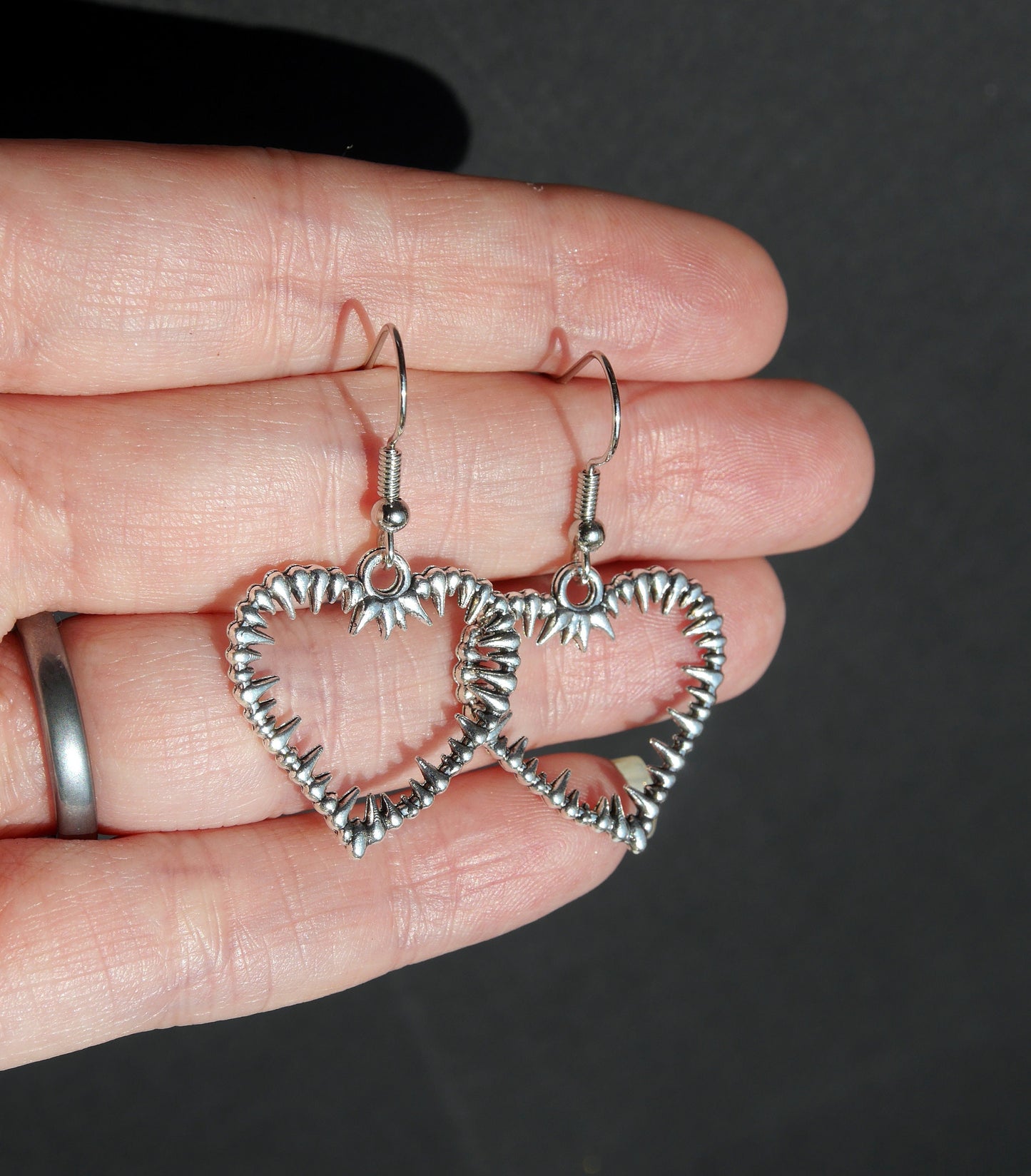 Silver Tone Spiky Heart Shaped Earrings (Ear Hook, Stud and Clip On)