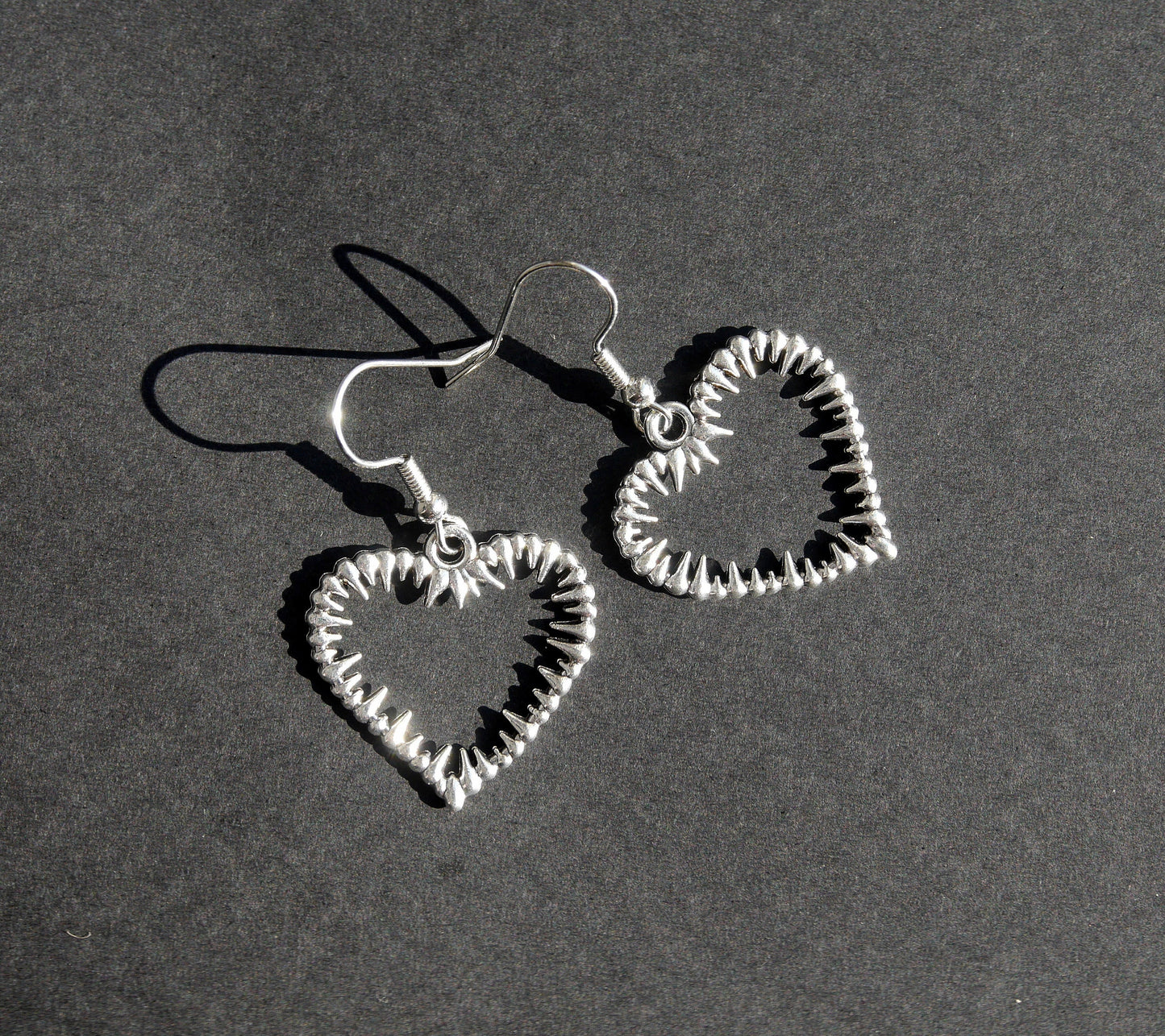 Silver Tone Spiky Heart Shaped Earrings (Ear Hook, Stud and Clip On)