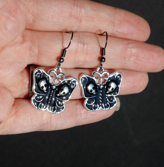 Gothic Black Butterfly and Silver Skull Earrings (Ear Hook, Stud or Clip On)