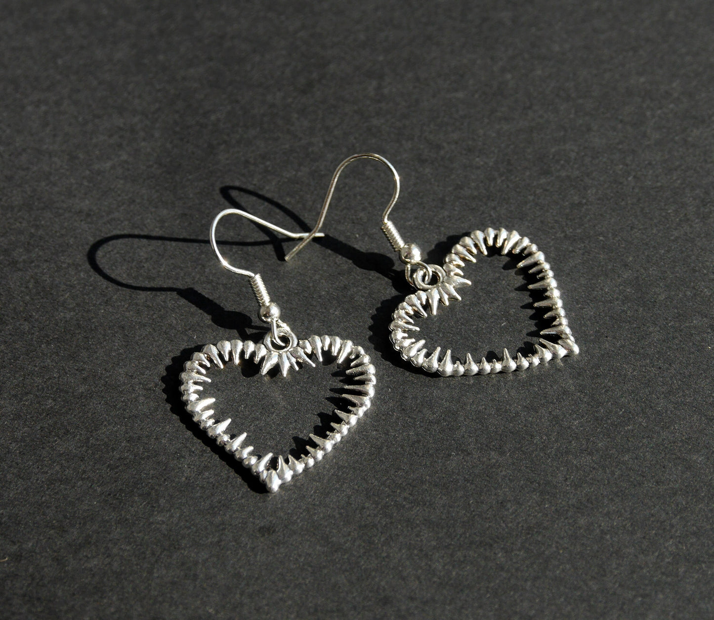 Silver Tone Spiky Heart Shaped Earrings (Ear Hook, Stud and Clip On)