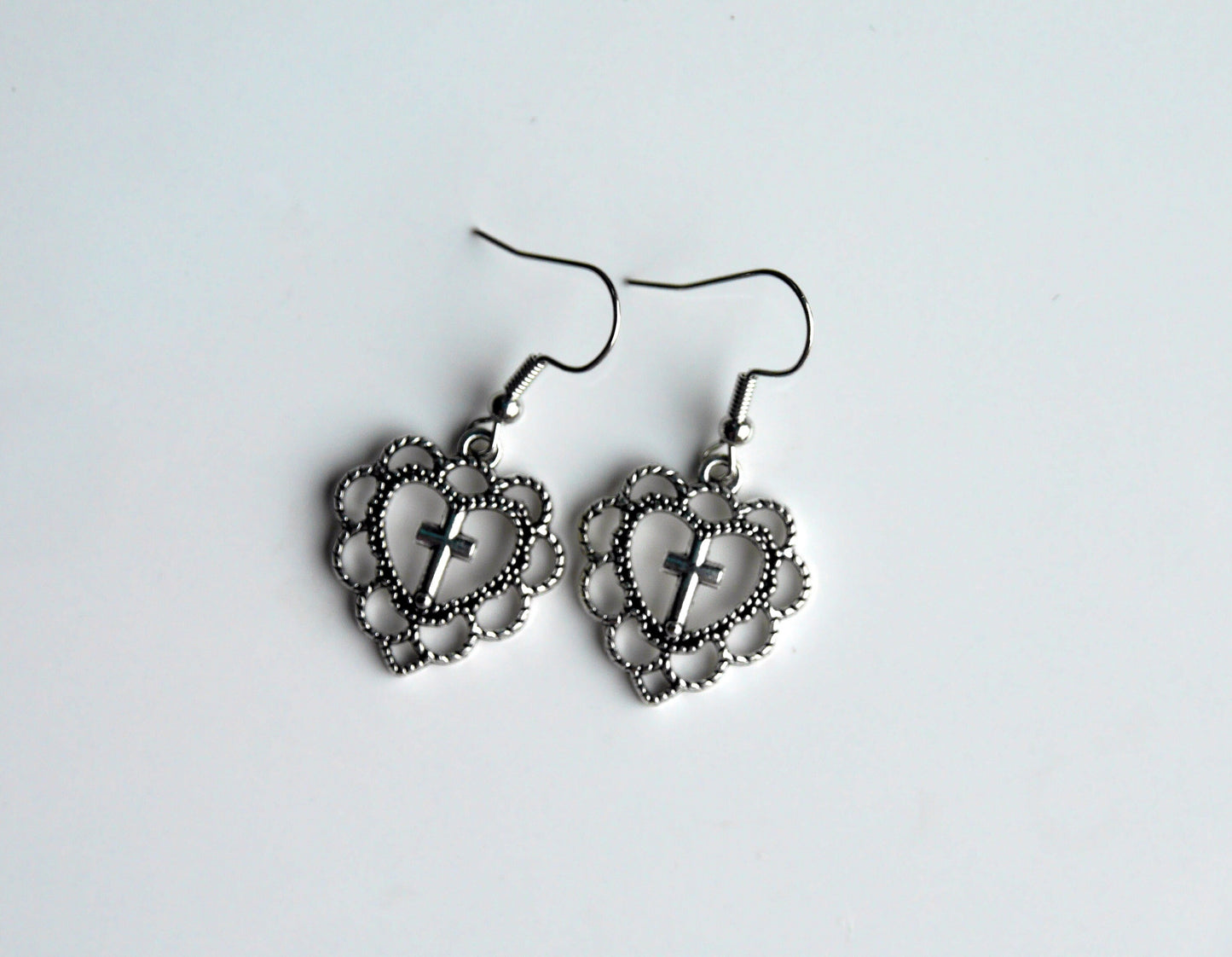 Antique Silver Cross Style Filigree Earrings (Ear Hook, Stud or Clip On)