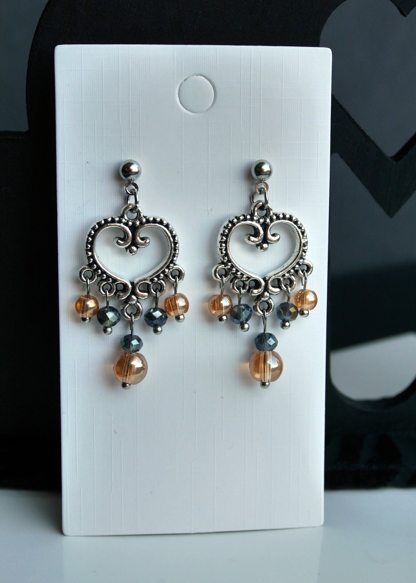 Silver Black and Orange Statement Filigree Earrings (Ear Hook, Stud and Clip On)