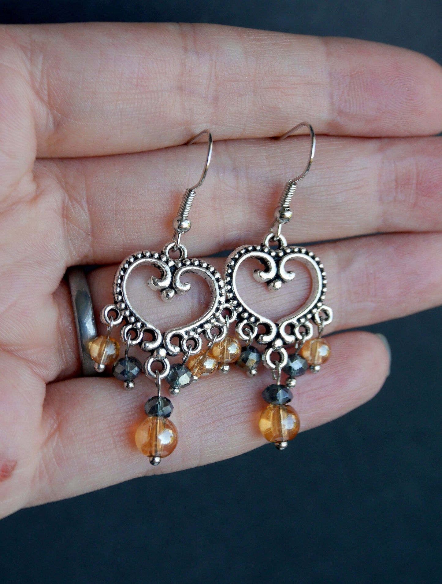 Silver Black and Orange Statement Filigree Earrings (Ear Hook, Stud and Clip On)