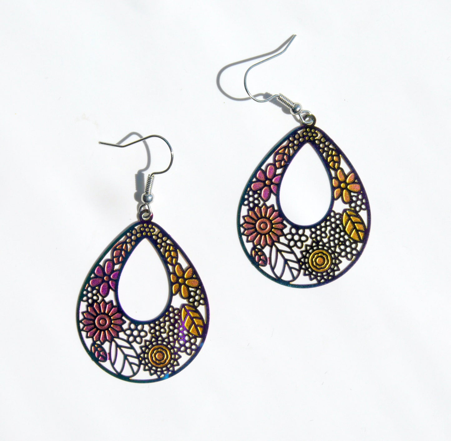 Colourful Iridescent Teardrop Filigree Statement Earrings (Ear Hook, Stud and Clip On)