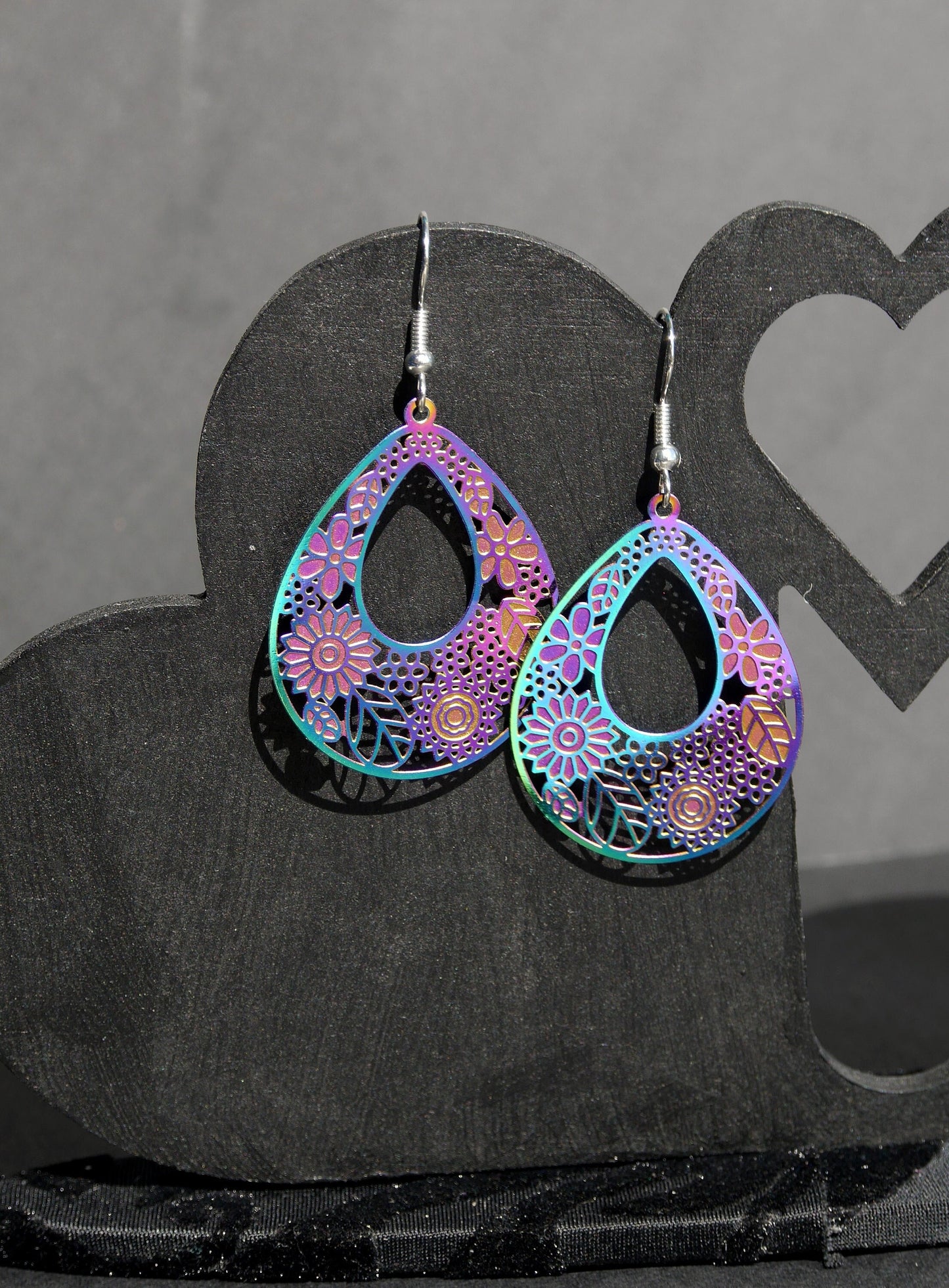 Colourful Iridescent Teardrop Filigree Statement Earrings (Ear Hook, Stud and Clip On)