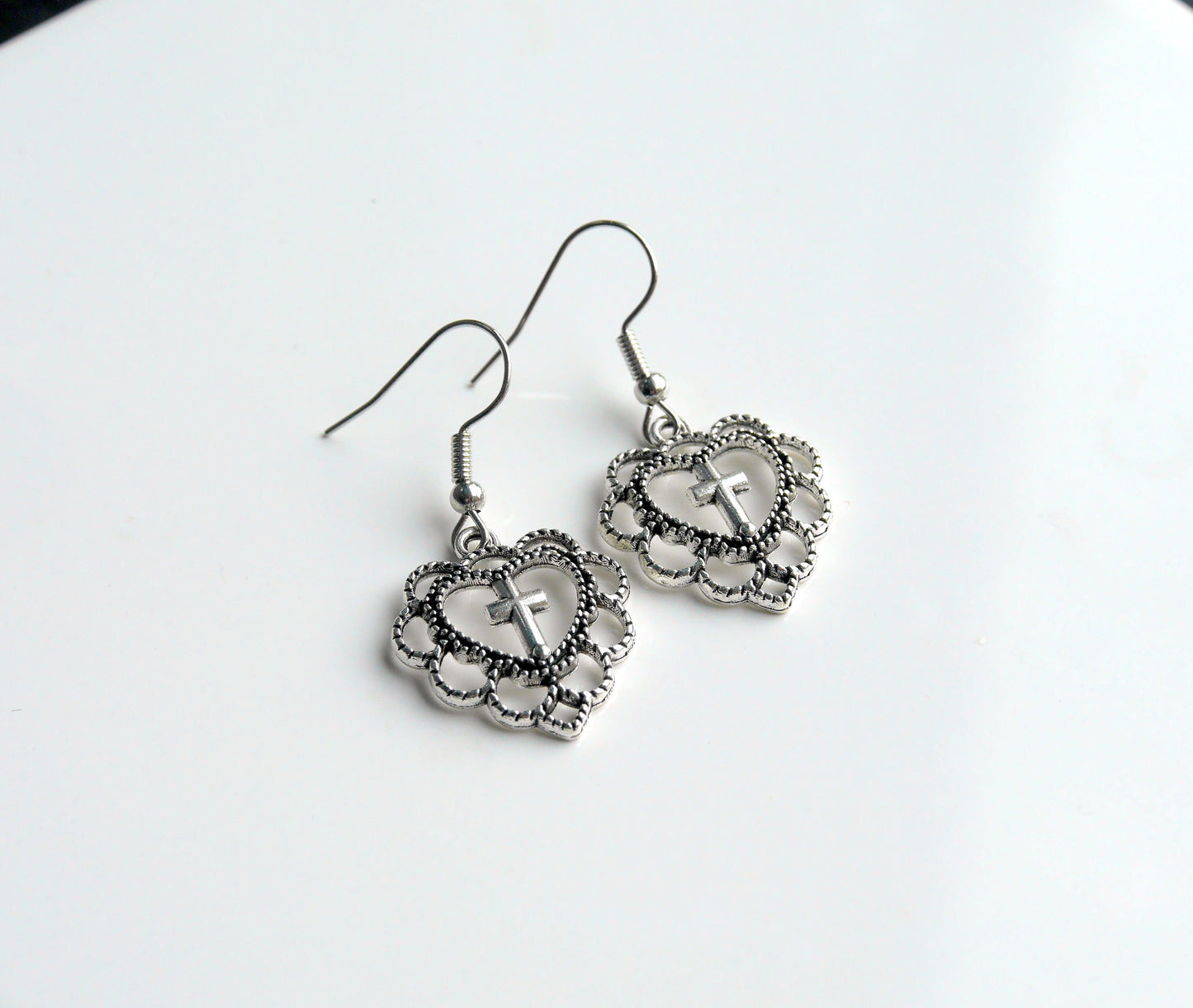 Antique Silver Cross Style Filigree Earrings (Ear Hook, Stud or Clip On)
