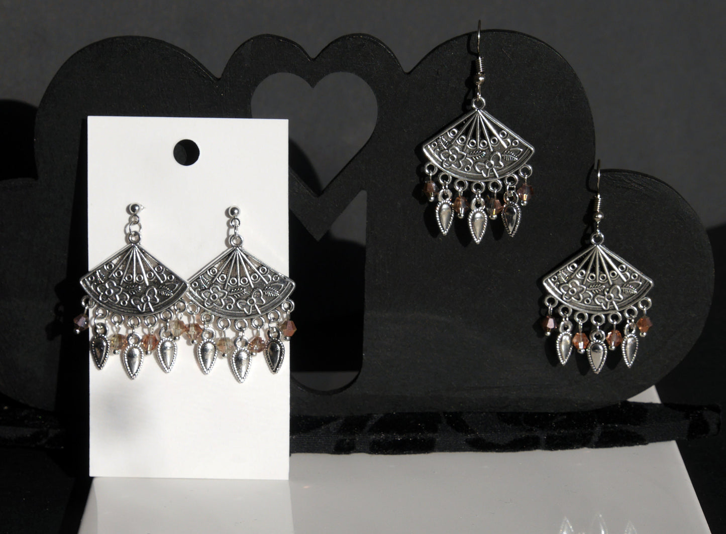 Silver and Rose Colour Filigree Earrings (Ear Hook, Stud and Clip On)