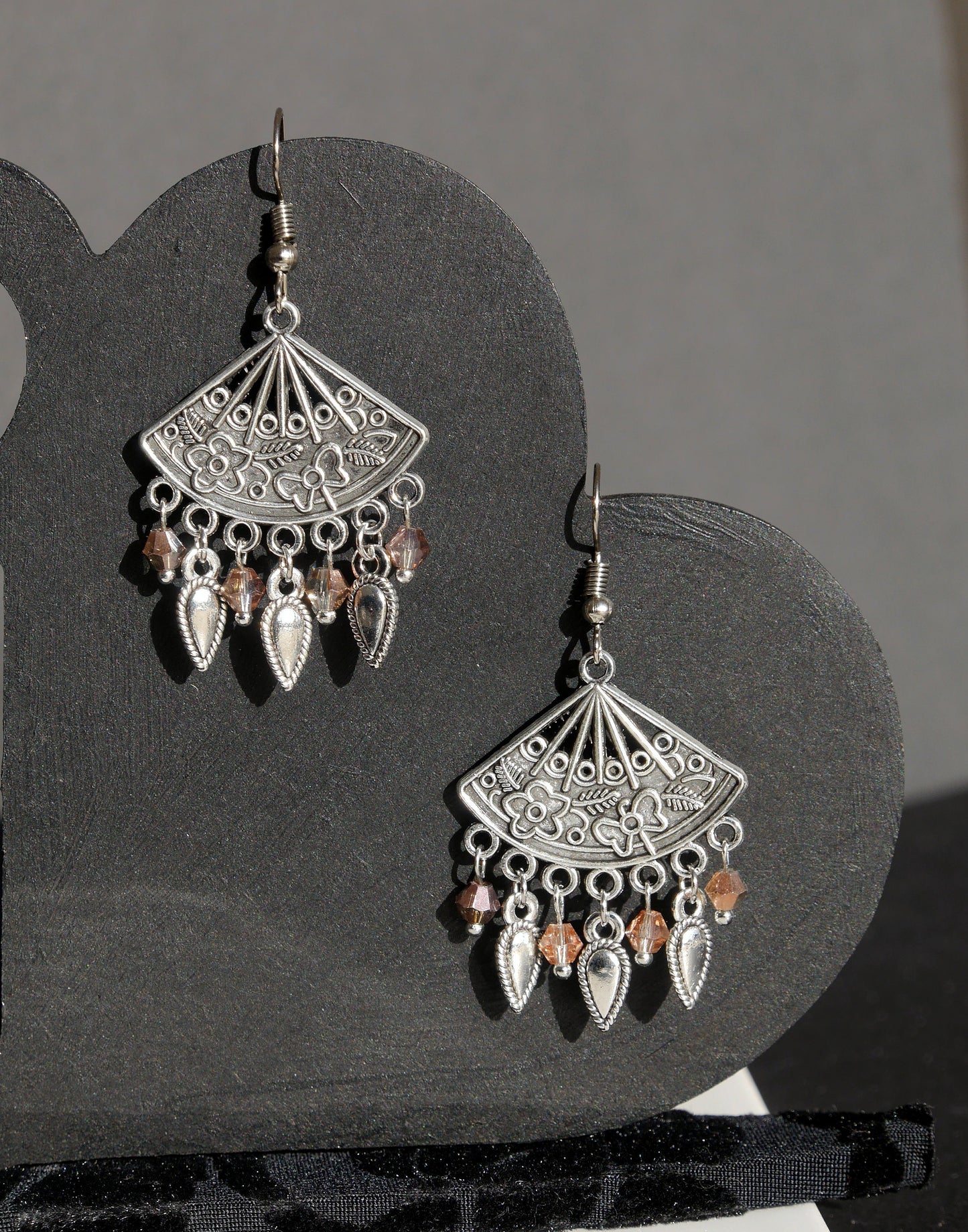 Silver and Rose Colour Filigree Earrings (Ear Hook, Stud and Clip On)