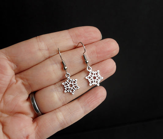 Silver Tone Small Snowflake Christmas Dangle Earrings (Ear Hook, Stud and Clip On)