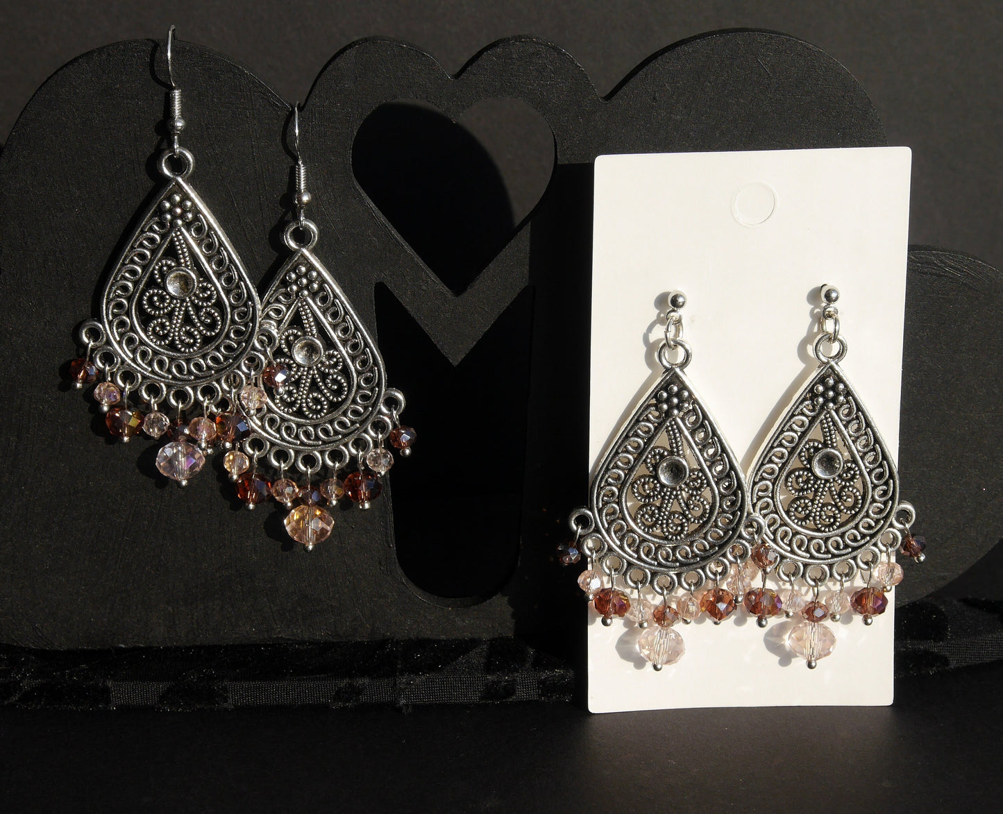 Silver Pink Statement Filigree Earrings (Ear Hook, Stud or Clip On)
