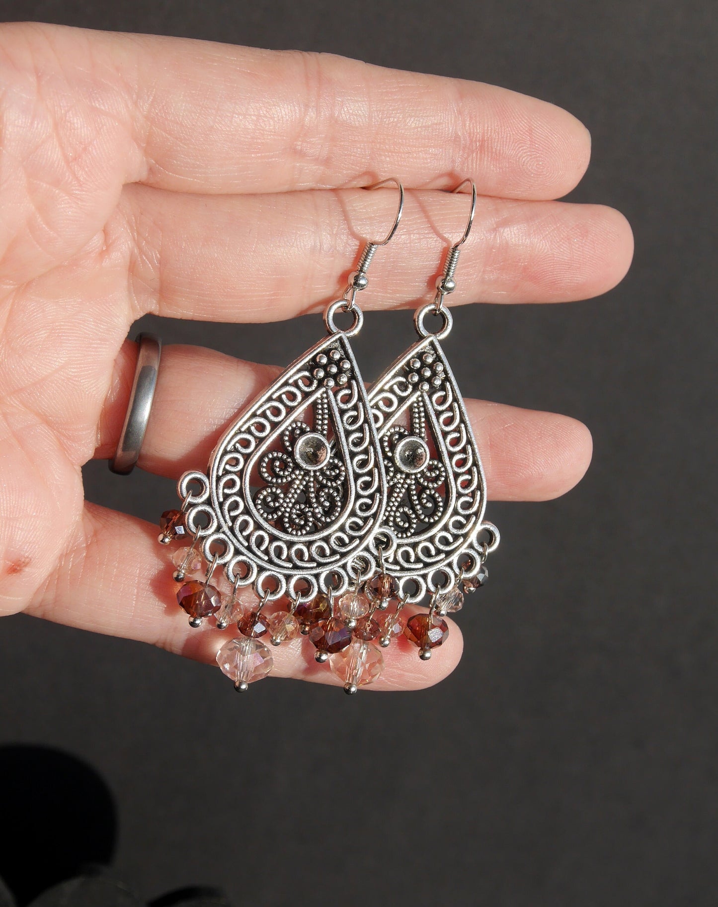 Silver Pink Statement Filigree Earrings (Ear Hook, Stud or Clip On)