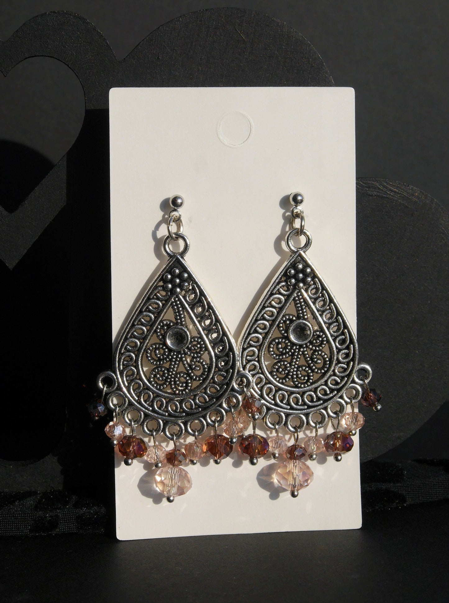 Silver Pink Statement Filigree Earrings (Ear Hook, Stud or Clip On)