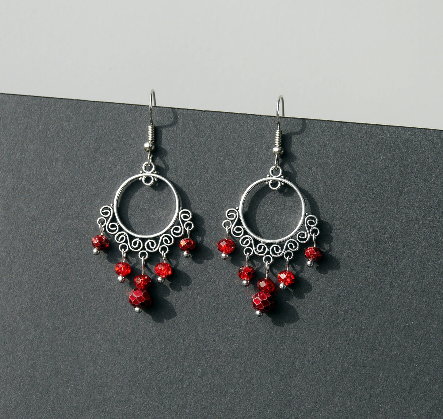 Silver and Red Filigree Earrings (Ear Hook, Stud and Clip On)