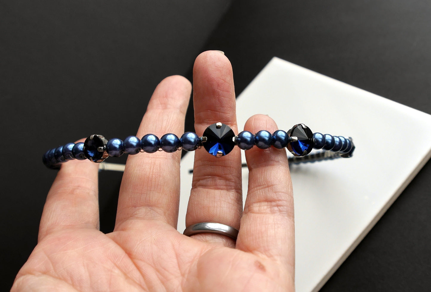 Dark Blue Pearl and Rhinestone Diamante Tiara Hair Accessory